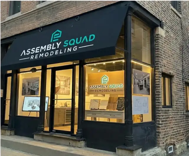 Assembly Squad Remodeling design studio storefront with a black awning at 2315 N Southport Ave, Lincoln Park, Chicago